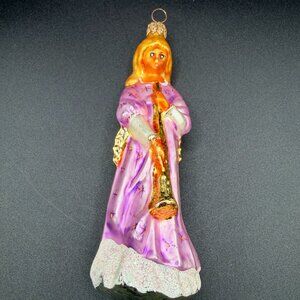 VTG Blown Glass Angel Ornament Trumpeter Purple Gown Gold Wings 6" European